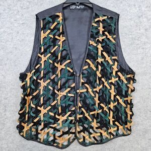 AJ Leather Loose Woven Vest Size L‎ Polyester Lined Vintage Brass Color Buttons